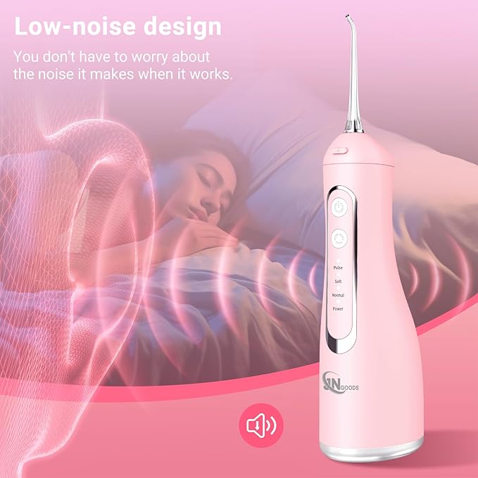 JNGOODS Cordless Water Dental Flosser Oral irrigator,JNGOODS 300ml Rechargeable Water flosser for Teeth IPX7 Waterproof 4 Modes Portable Oral Irrigator with 4 Jet Tips, Travel Home use (Pink)