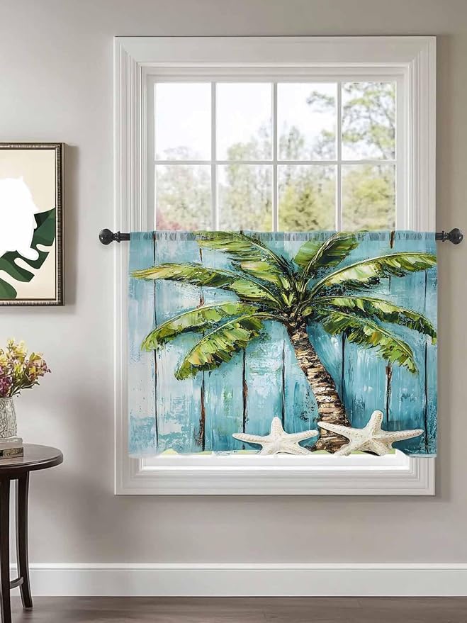 Sheer Curtains 45 Inch Length, Coastal Beach Starfish Semi Sheer Curtains Light