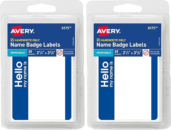 Avery Hello My Name is Name Tags, White with Blue Border, 25 Removable Name Badges (06175) (Pack of 2)