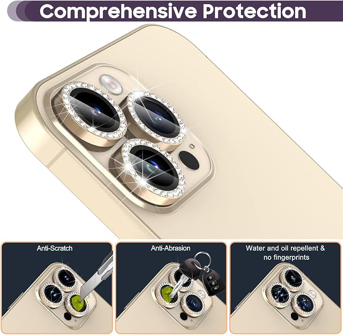 Suoman for iPhone 14 Pro Max / 14 Pro Camera Lens Protector [Diamonds Bling] 9H Tempered Glass Full Coverage Metal Protective Cover - Diamond Black