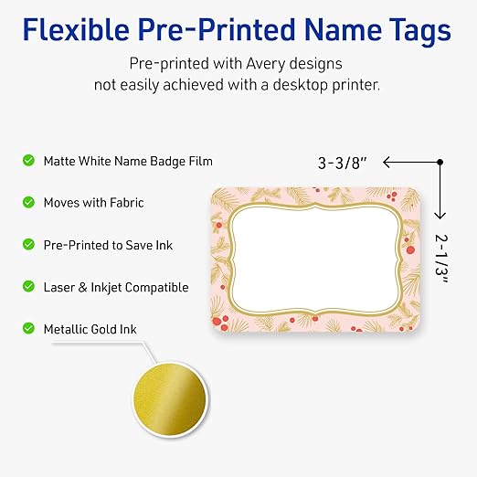 Avery Printable Christmas Adhesive Name Badges, Rectangle, 2-1/3" x 3-3/8", Pre-Printed Pink & Metallic Gold Border with Holly Design, Matte White, Laser & Inkjet Compatible, 80 Total