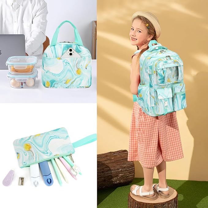 Girls School Backpack Set - Teens Kids School Bag Bookbag with Lunch Box Pencil Case for Elementary Middle School (Turquoise Marble)