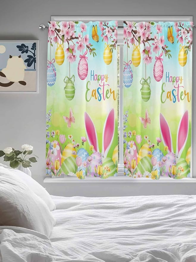 Easter Living Room Curtains 72 Inches length, Spring Bunny Colorful Rabbit Eggs