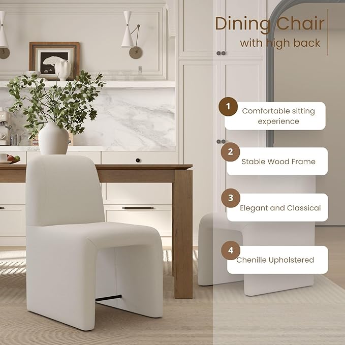 White Upholstered Chenille Dining Chairs Set of 4, Mid Century Modern Dining Room Chairs with Deep Seat & Curved Back, Armless Side Chair Comfy Kitchen Chairs for Living Room/Kitchen