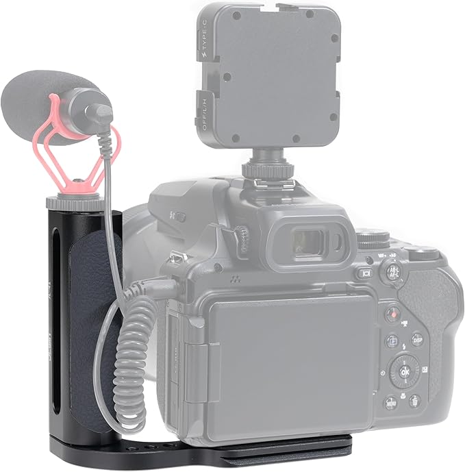 FocusFoto 2nd Gen L-Shaped Bracket Holder Stabilizer with Side Handle Grip Universal for DSLR Mirrorless Camera, with 1/4" Cold Shoe Mount for Mic Flash LED Light, Quick Release Plate for Arca Tripod
