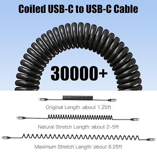 240W Coiled USB-C to USB-C Cable CarPlay &amp Android Auto Car Data Cord | Black 6.2FT retractable cable 240W fast charge works with iPhone 15-17 Galaxy Pixel 8/9 for CarPlay &amp Android Auto