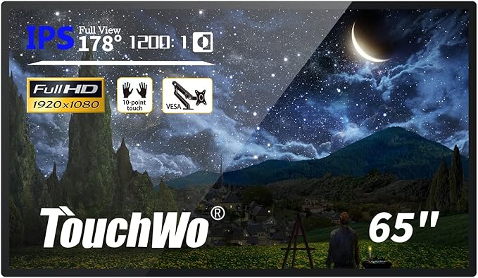 TouchWo 65-inch Interactive Touchscreen Monitor, Electronic Whiteboard Touch Screen with 4K Display, Smart Board for Home Office and Classroom, Bundled Android 14, RAM 4G & ROM 32G