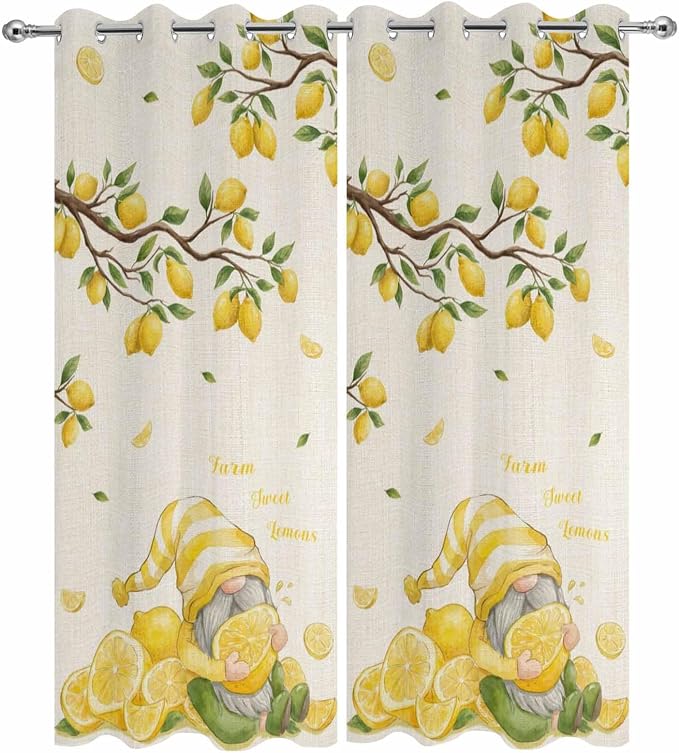 Summer Outdoor Curtains for Patio Lemon Gnome Leaf Linen Texture Waterproof