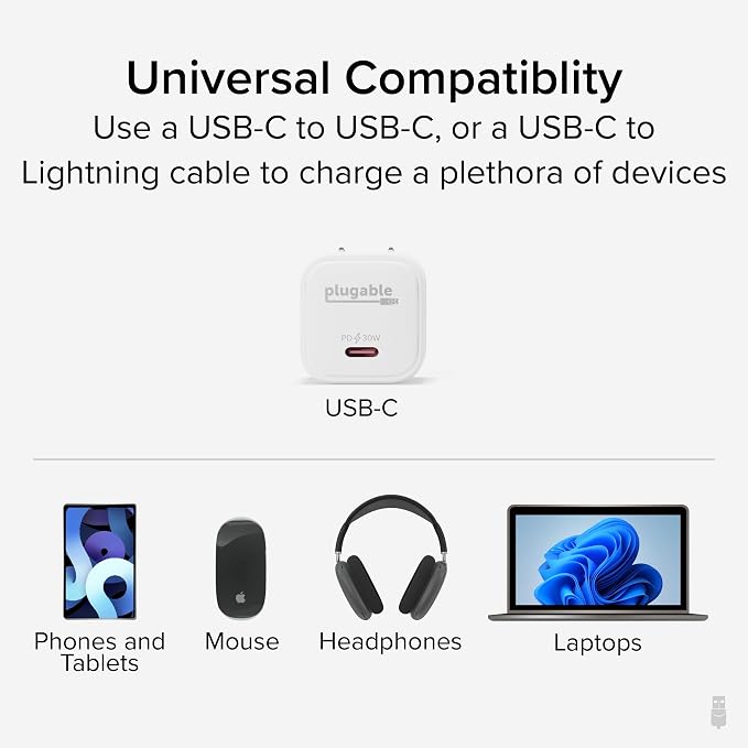 Plugable GaN USB C White Charger Block with 10Gbps USB C to USB C Cable Bundle