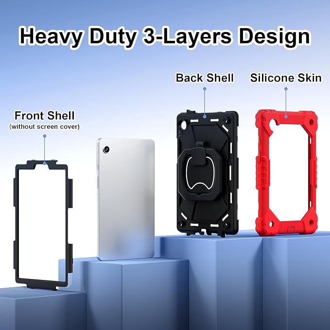 for Samsung Galaxy Tab A9/A11 8.7-Inch 2023/2025 Case.【NO A9+ Plus】 360 Rotating Stand Shoulder Strap Heavy Duty Shockproof Protective Silicone Case (Black)