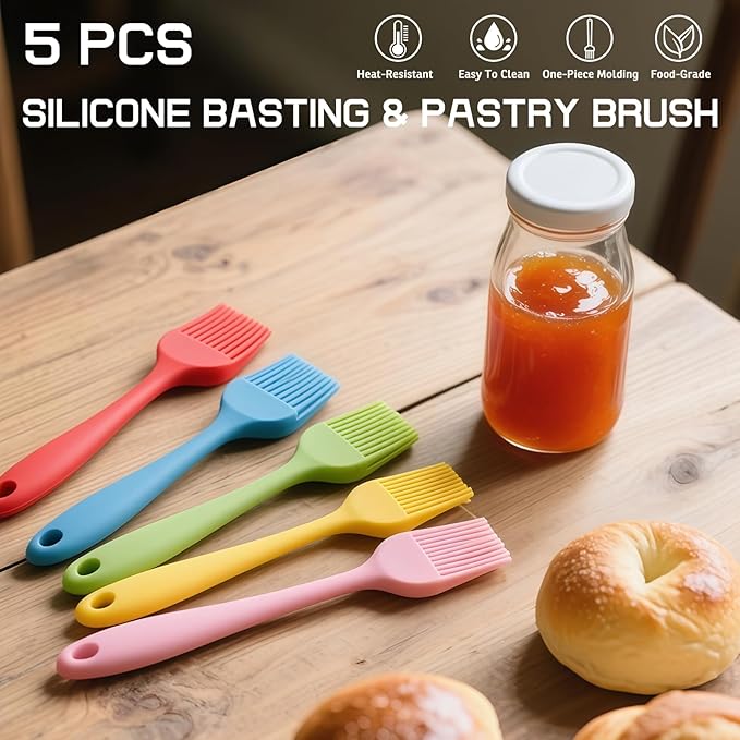 Hokisei Silicone Basting Pastry Brush, 5 PCS Heat Resistant Food Brush Set, One-Piece Design, Stainless Steel Core Oil Brush of Baking, BBQ, Spreading Oil, Butter, Grilling, Marinade, Dishwasher Safe