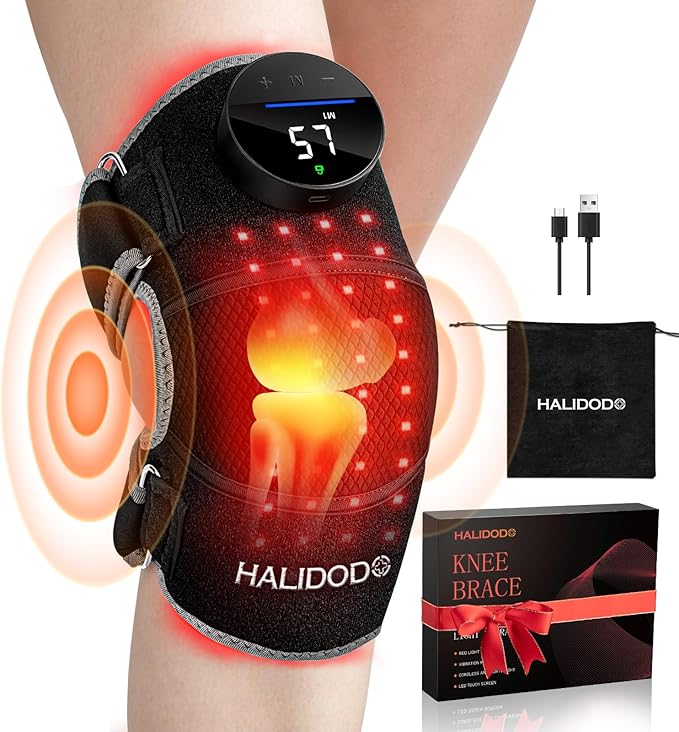 HALIDODO Red Light Therapy & Vibration Massage Knee Brace - Wireless Rechargeable Controller, 660nm & 850nm Red Light Therapy Heated Device for Knee/Joint/Elbow/Shoulder.