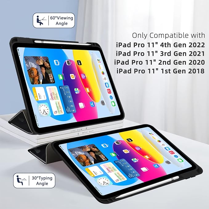 for iPad Pro 11 Inch Case 2022(4th Gen)/2021(3rd Gen)/2020(2nd Gen) with Pencil Holder TPU Shockproof Frame and Protective Leather Cover [Auto Sleep/Wake] Black Cow