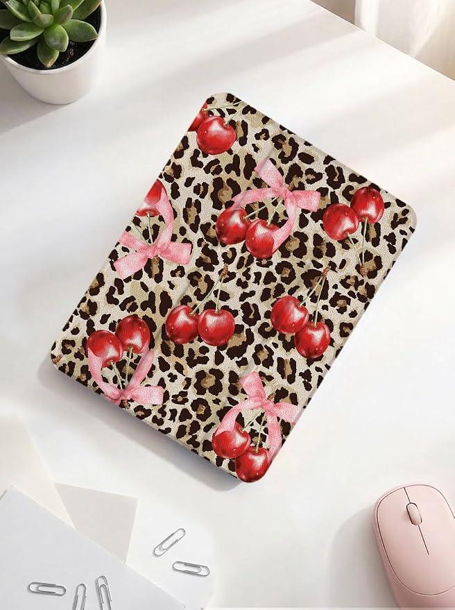 Case for iPad 9th/ 8th/ 7th Generation Case 10.2&amp10.5 Inch (2021/2020/2019 Release) Slim Lightweight Soft Trifold Back Cover with Pencil Holder &amp Auto Sleep/Wake Cover Cherries Cheetah Bows