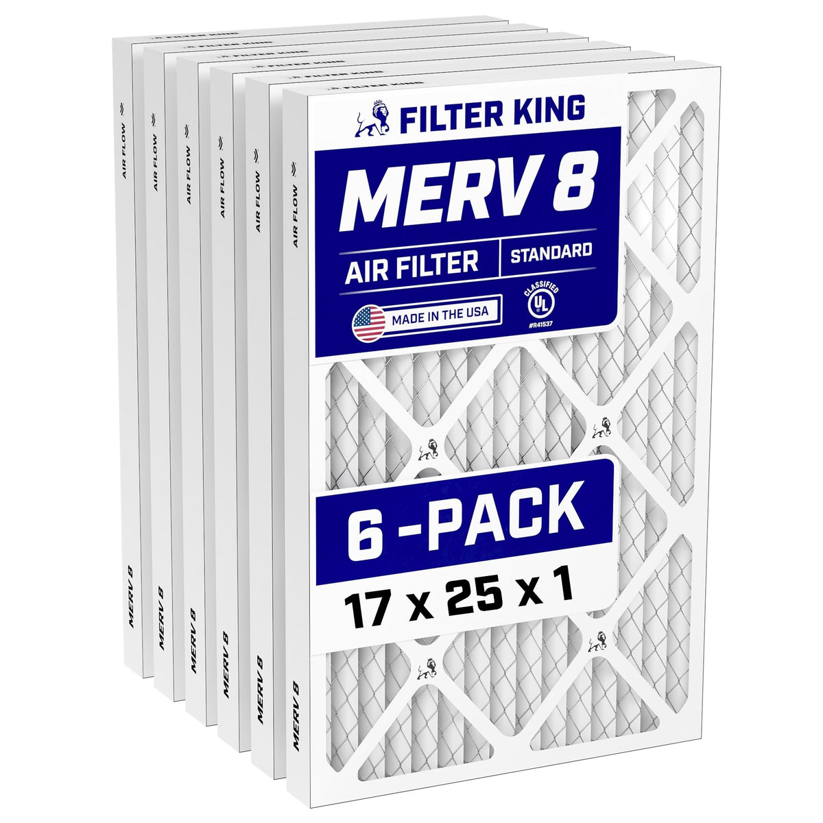 Filter King 17x25x1 Air Filter (MERV 8) (6-Pack) Dust & Allergy Control AC Furnace Filters, MADE IN USA, HVAC, Pleated, Electrostatic (Actual Size: 16.5 x 24.5 x .75)