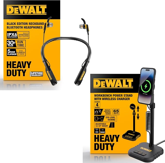 DEWALT Heavy Duty Magnetic Wireless Charging Stand w/USB Ports Bluetooth Neckband Headphones (Black Edition) Bundle