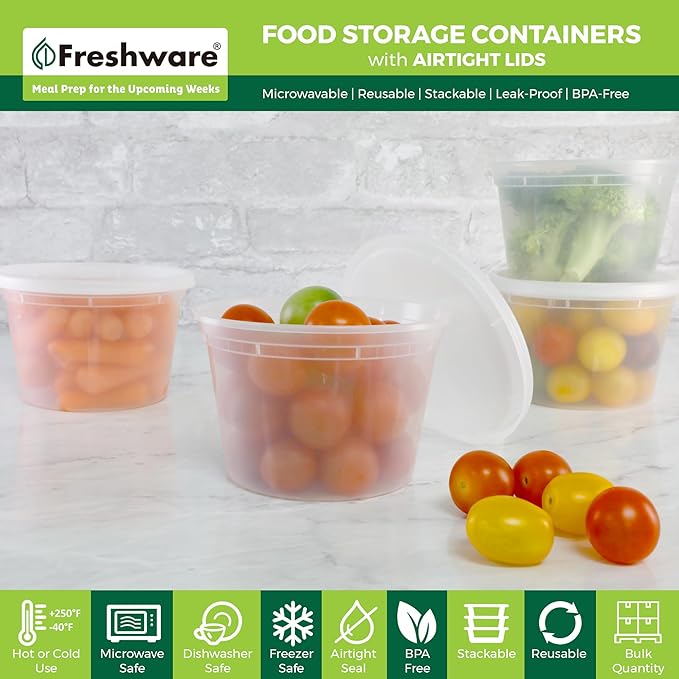 Freshware Food Storage Containers [50 Set] 16 oz Plastic Deli Containers with Lids, Slime, Soup, Meal Prep Containers | BPA Free | Stackable | Leakproof | Microwave/Dishwasher/Freezer Safe