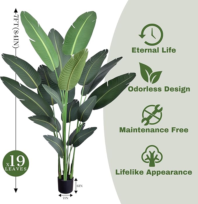 7ft Artificial Bird of Paradise Trees (84in) Tall Large Faux Tree with 19 Realistic Trunks, Fake Tropical Floor Potted Artificial Silk Plant for Home Office Indoor Decor (7feet,1Pack)