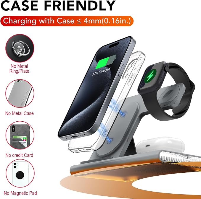 3 in 1 Foldable Wireless Fast Charging Station for Apple Multiple Devices | iPhone Charging Station for iPhone 17 Travel iWatch Charger Stand Light Nightstand Charging Dock for Apple Watch/Airpods