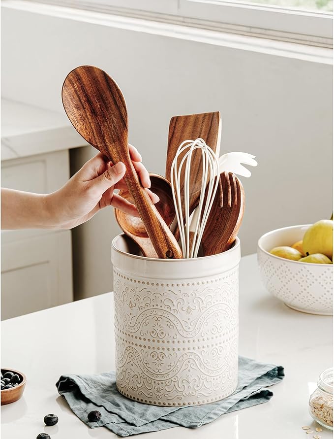 Kitchen Utensil Holder, 7 Inches Large Ceramic Utensil Holder for Countertop, Lace Emboss Cooking Utensil Crocks for Kitchen, Home Decor, Off-White