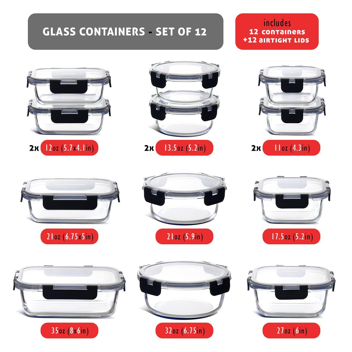 EATEX 24pc Glass Storage Containers with Lids, 12 Set Glass Food Storage Containers with 12 Airtight Lids, Pantry Kitchen Meal Prep Containers for Lunch, Freezer Storage Containers, Oven Safe