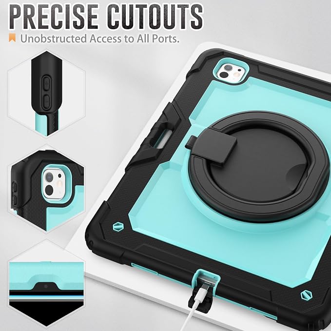 for iPad Pro 11 inch Protective Case M5 2025/M4 2024: Heavy Duty Shockproof Case with Pencil Holder - 360°Rotating Handle/Stand - Screen Protector - Shoulder Strap Black/Sky Blue