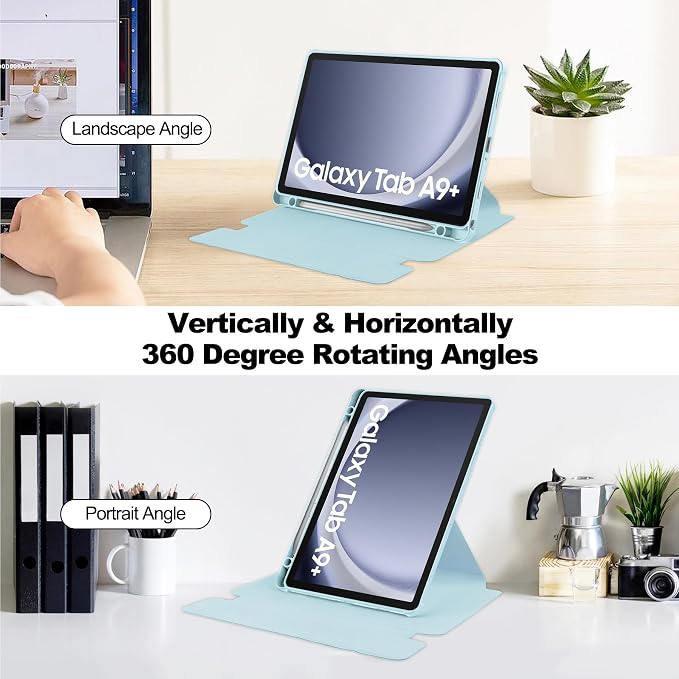 Tablet Case for Samsung Galaxy TAB A9+/A9 Plus with S Pen Holder 360° Swiveling Stand Shockproof Cover with Clear Transparent Back Shell Auto Wake/Sleep (Black Galaxy Tab A9 Plus)