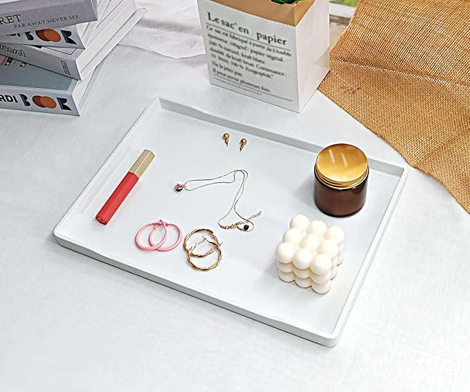 White Serving Tray (13.5 x 9.6 inch) for Serving Accessory, Elegant & Stackable Plastic Tray for Spa, Coffee, Drinks, Tea, Bar, Party, Seasoning, Perfume and Display Use.