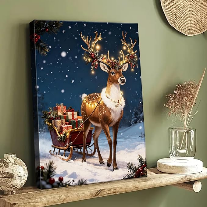 AbcCustomize Vintage Reindeer & Gift Boxes Christmas Wall Art - Snowy Holiday Scene Canvas Print with Festive Lights, Rustic Winter Decor for Room, Perfect Christmas Gifts & Holiday Decorations