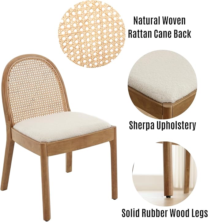 LukeAlon Modern Sherpa Dining Chairs Set of 2, Natural Woven Rattan Cane Back Side Chairs with Solid Wood Legs Mid Century Dinner Chairs for Kitchen Living Room, White