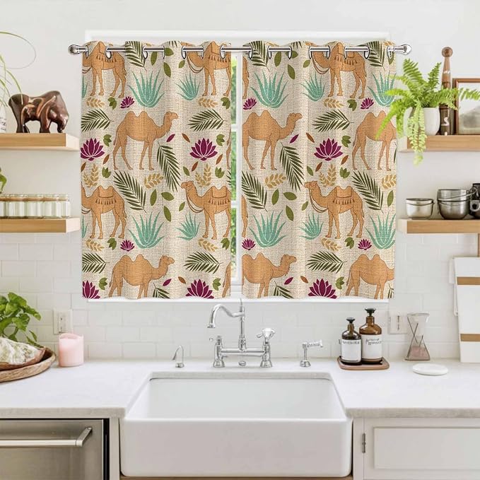 2 Panel Kitchen Cafe Curtains, Desert Camels Sunlight Filtering Nature Air