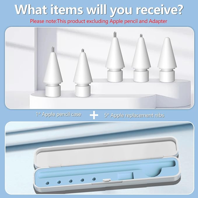 Inesore for Apple Pencil Case with 5 Pcs Replacement Tips (Blue) | Lndependent Storage Slots Contains 5 Pen Tips Soft Silicone Lining Fit Apple Pencil Pro /1/2/USB-C Compact Easy Carrying