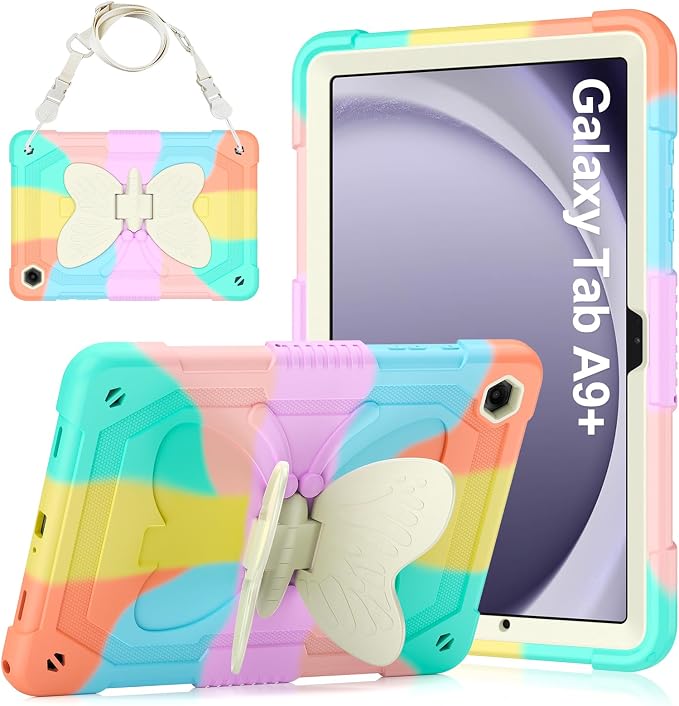 Cover for Samsung Galaxy Tab A11+ Plus/A9+ Plus Case with Screen Protector Galaxy Tab A11+/A9+ 11 inch 2025/2023 Released with Butterfly Stand Shoulder Strap Shockproof case for Kids Girl Colorful