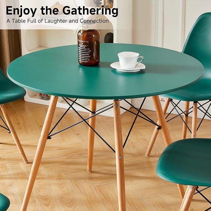 Round Dining Table Set for 4 35.5" Wood Dinner Table Circle Dining Table Kitchen Table Chairs Set of 4 with Wood Strip Base for Kitchen Living Room Space Saving Apartment(Green)
