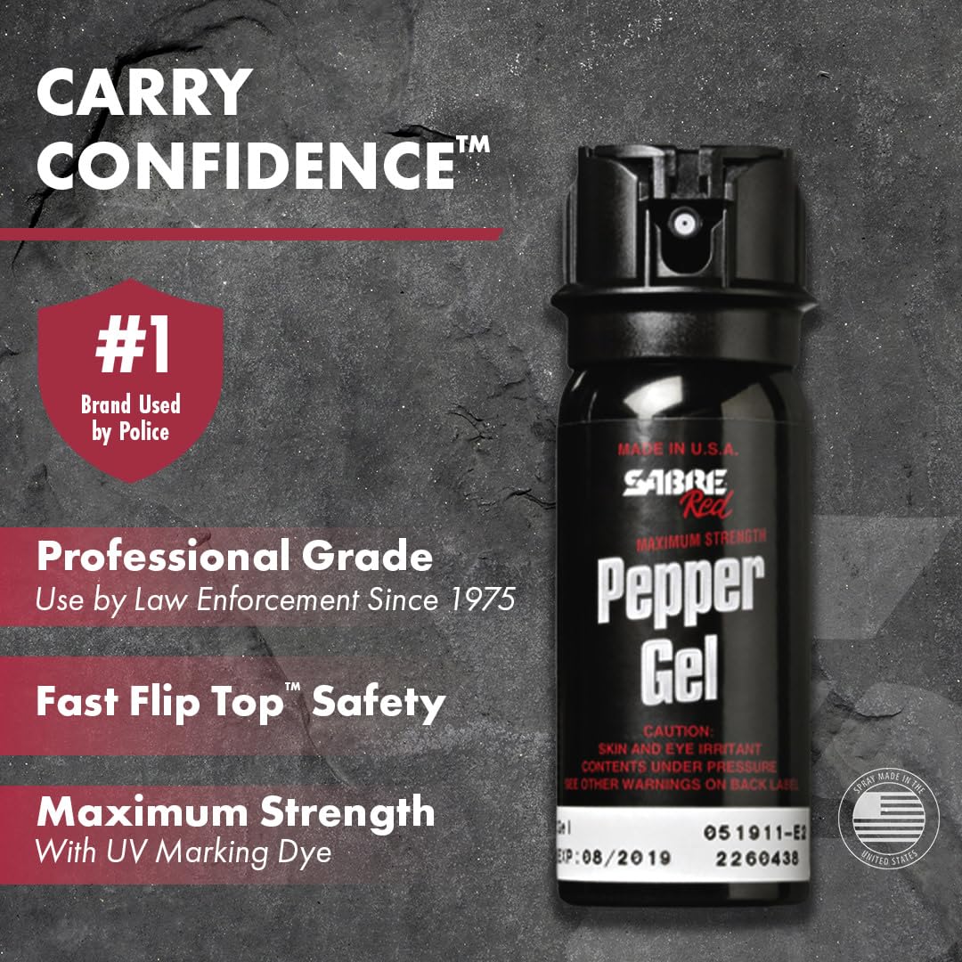 SABRE Tactical Pepper Gel with Belt Holster – Professional‑Grade Self Defense Spray, Maximum Police Strength OC, 20 ft Range, Wind‑Resistant Gel with UV Dye, Fast Flip Top Safety, 1.8 fl oz