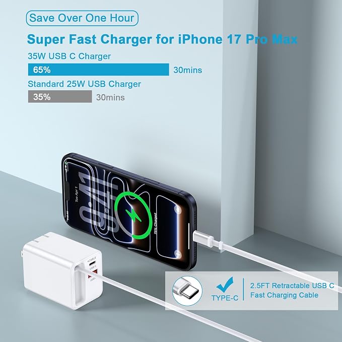 35W USB C Charger with Retractable Cable3-Port Foldable Wall Plug PD &amp QC Fast Charging Block with Type C Cable for iPhone 17e/17 Pro Max/16e/16/16 Pro Max/15/15 Plus/Samsung Galaxy S26/S25/S24/S