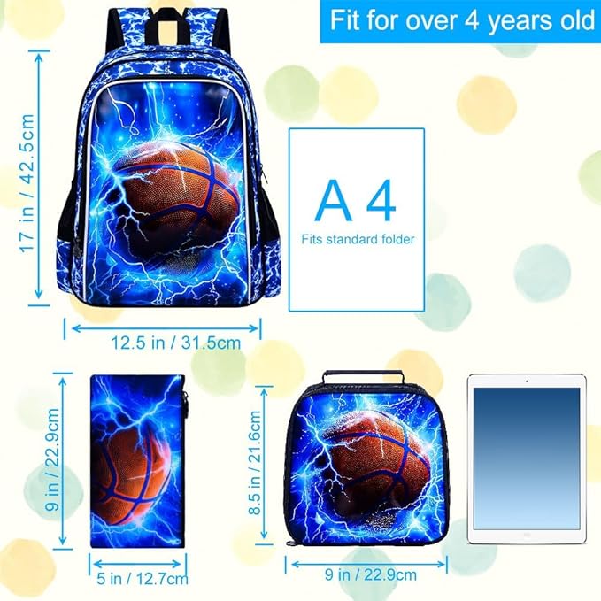 KLFVB 3PCS Boys Backpack, 17" Kids Bookbag and Lunch Box, Water Resistant Teenagers School Backpacks for Middle Elementary - Lightning Basketball