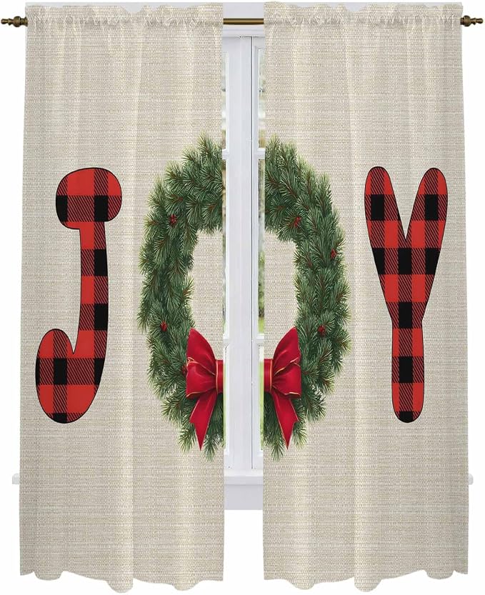 Red Green Christmas Window Curtains 72 Inch Long 2 Panel Set, Rod Pocket Long