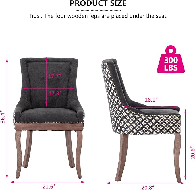 Farmhouse Dining Chairs Set of 6, Upholstered Fabric Dining Room Accent Chairs with Wood Legs & Bronze Nailhead, High Wingback Kitchen Chairs for Living Room Hotel Apartment, Black