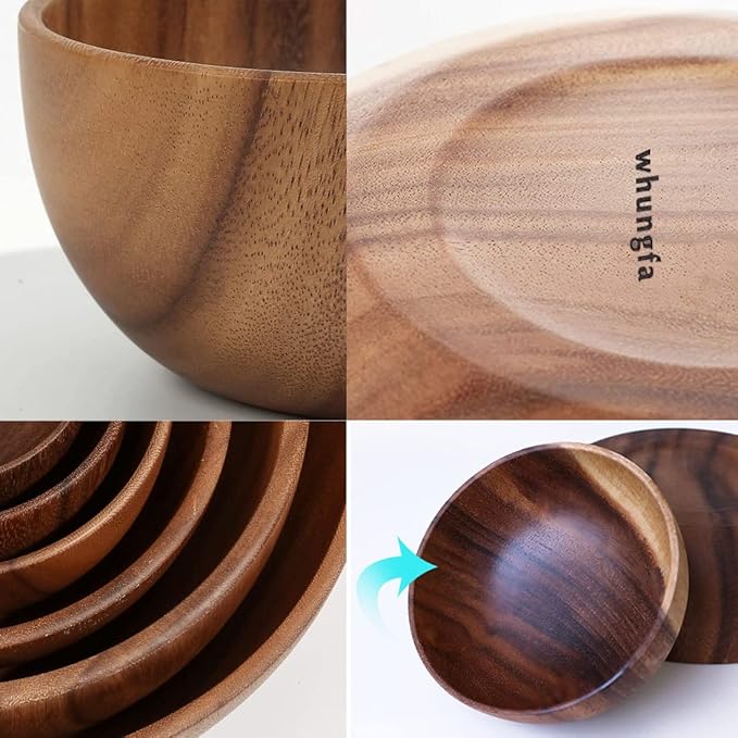 Hand-Crafted From Solid Acacia Wood Salad Bowls 7.1 or 7.9 Inches Set of 2 Individual Large Wood Bowl for Fruits Salads and Decoration Fruit Bowl for Snacks
