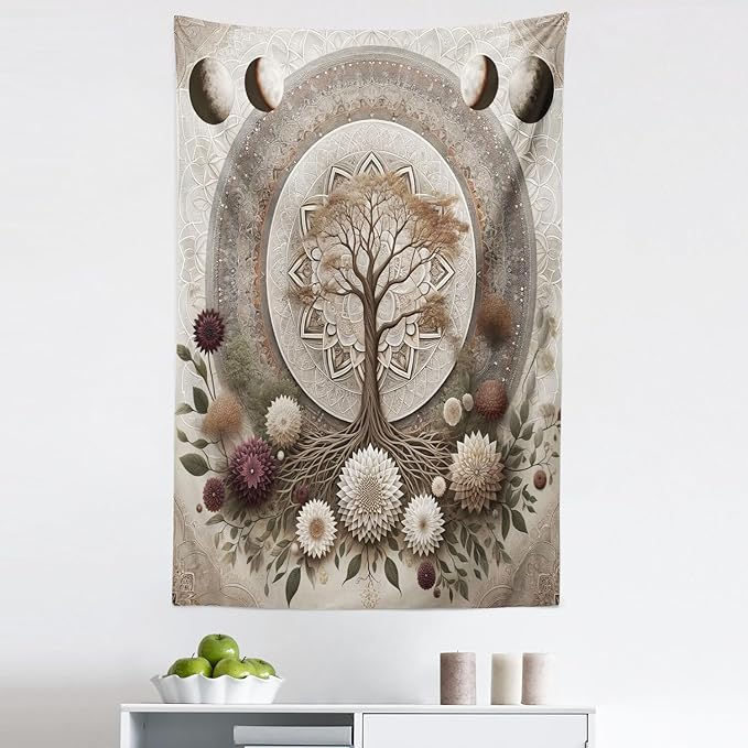 Ambesonne Moon Tapestry, Ethno Mandal Featuring Gentle Vines of Tree of Life and Flowers Boho Luna, Fabric Wall Hanging Decor for Bedroom Living Room Dorm, 30" X 45", Pale Mustard Eggplant