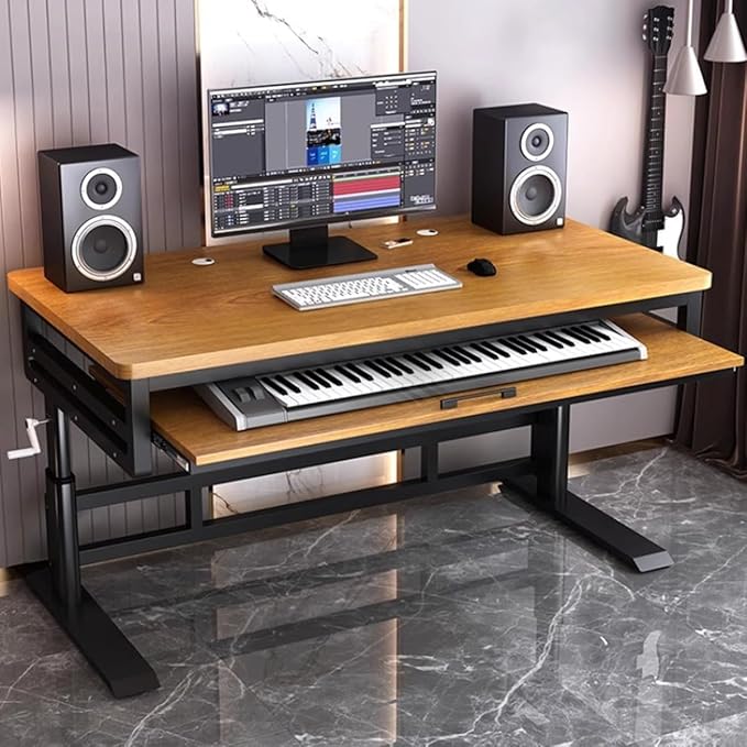 Studio Desk with Keyboard Tray | Hand-Crank Adjustable Standing Desk Workstation for Music Production, Cable Management, MIDI Keyboard Shelf (Natural, 47in)