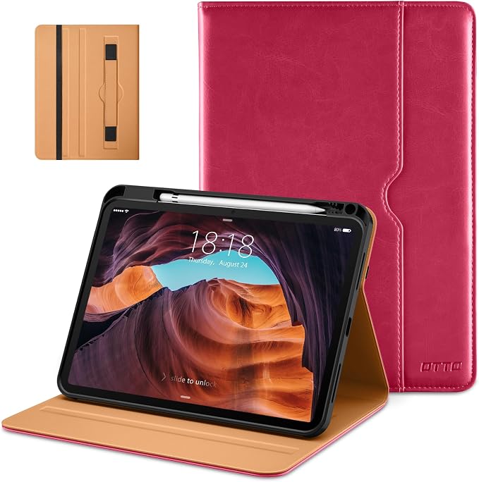 DTTO for iPad (A16) 11th Generation 11-inch &amp 10th Gen Case Brown | Premium Leather Business Cover with Pencil Holder Hand Strap &amp Pocket Corner Protection Auto Sleep/Wake for Work &amp
