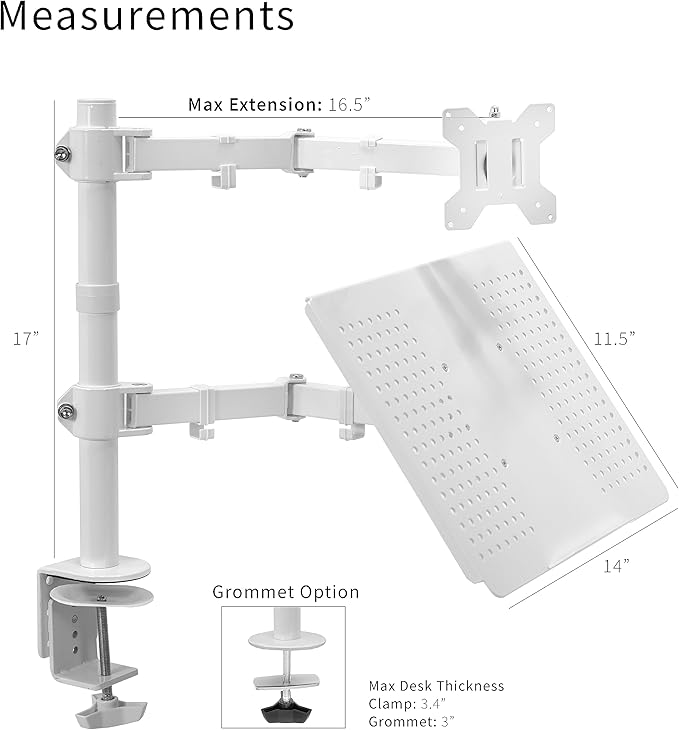 VIVO Fully Adjustable 13 to 32 inch Single Computer Monitor and Laptop Desk Mount Combo, Stand with Grommet Option, Fits up to 17 inch Laptops, White STAND-V002CW