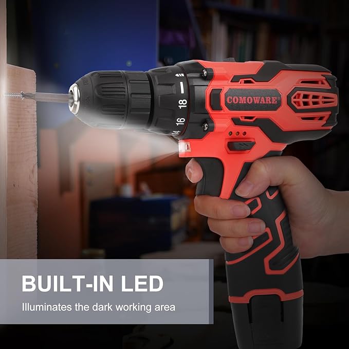 COMOWARE Cordless Drill Set, 12V Power Drill, 1 Battery, 3/8" Keyless Chuck,0-450 & 0-1500 RPM, 10pcs Screwdriver Bits, Red