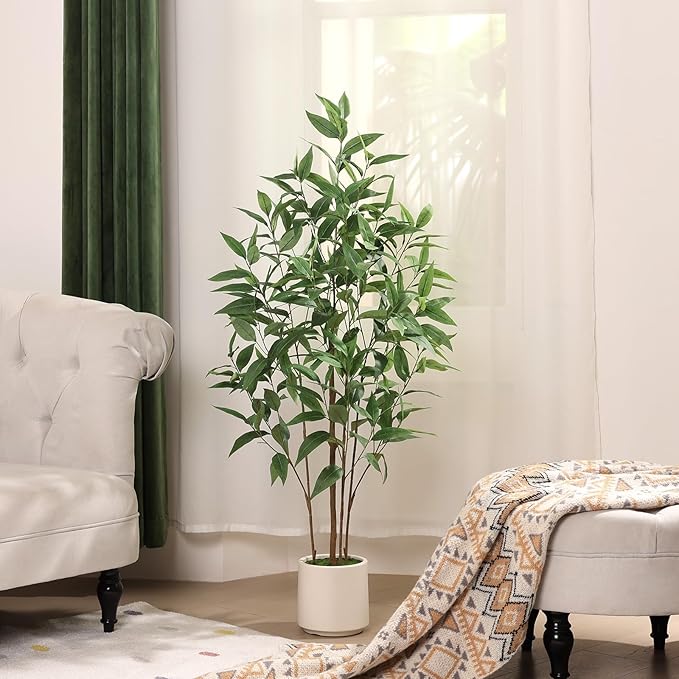 Artificial Eucalyptus Tree，4FT UV Resistant Fake Outdoor Plants,Artificial Plants Indoor with White Planter,Silk Leaves,Faux Tree for Home Decor Floor Porch Liveing Room