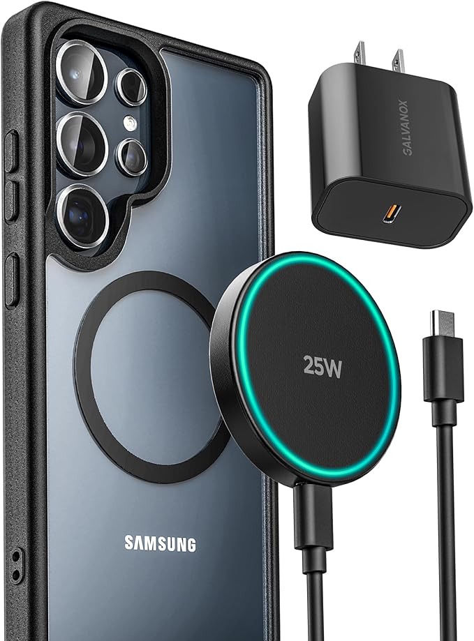 Galvanox Magnetic Wireless Charger for Samsung 25W Fast Charging Pad with 30W PPS USB-C Wall Adapter Removable USB-C Cable LED Charging Indicator Compatible with Galaxy S Series (10 Feet)