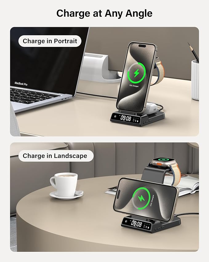leChivée Wireless Charger for Apple Devices, 3 in 1 Wireless Charging Station Dock for iPhone 16 Pro Max/16 Pro/15/14/13/12, Apple Watch Charger for iWatch Ulltra 2/9/8/7/SE/6/5/4/3, AirPods Pro/4/3