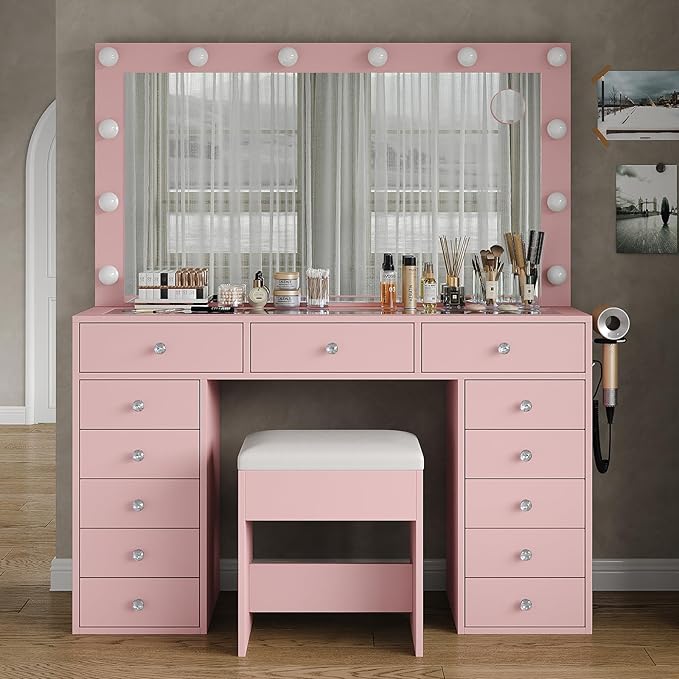 13 Drawers Vanity Desk, 47''W Makeup Vanity with Power Outlet, Vanity Table with Mirror and 12 LED Bulbs, 3 Color Lighting Modes, Glass Top, Dressing Table for Bedroom (Pink)