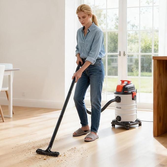 VEVOR Shop Vac, 8 Gallon Wet Dry Shop Vacuum, 6 Peak HP with One-Button Self-Cleaning, Dual-Filter, 900W Input Power, 1.25in x 7ft Hose, 9.8ft Cord, Metal Tank for Jobsite, Workshop, Garage, Home